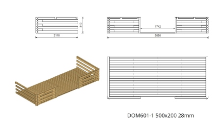 Abri de jardin en bois - 5x3 m + terrasse avec balustrade et avant-toit en bois - 25 m2