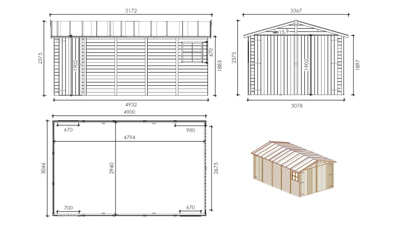 Garage en bois - 14.94m2 - 3.05x4.93m - Ep. 18mm - couleur: naturel