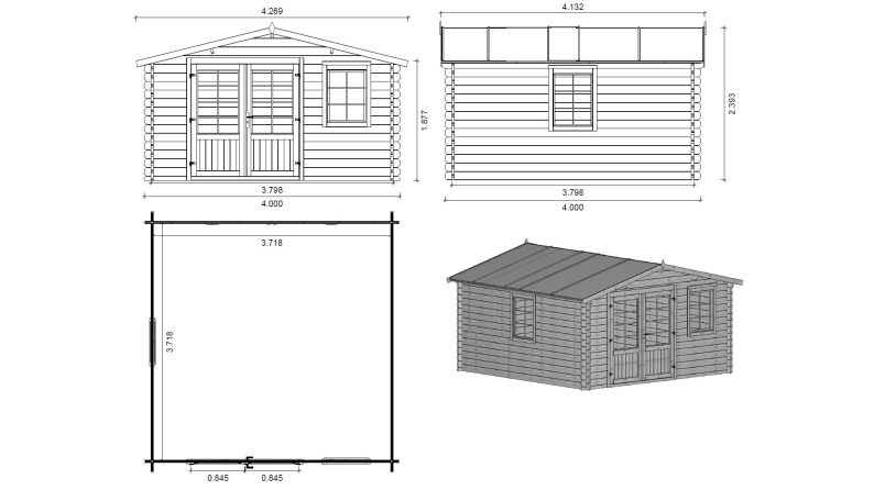 Abri de jardin en bois - 4x4 m + terrasse avec balustrade et avant-toit en bois - 24 m2
