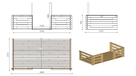 Abri de jardin en bois - 4x4 m + terrasse avec balustrade et avant-toit en bois - 24 m2