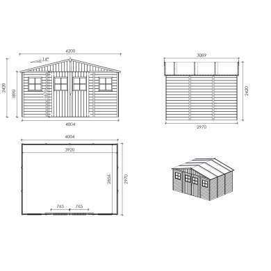 Abri de jardin en bois 11.88 m2 - 4x2.97 m - Couleur: naturel 2