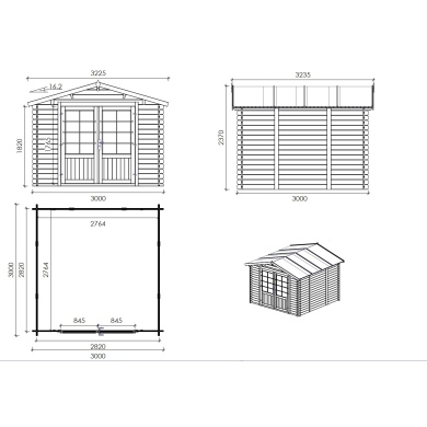 Abri de jardin en bois - 9m2 - 3x3m - Ep. 28mm - Couleur: naturel 2