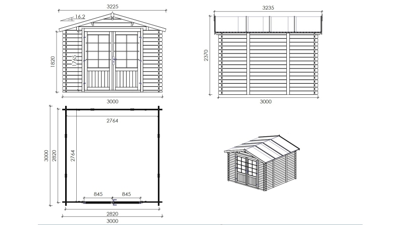 Abri de jardin en bois - 9m2 - 3x3m - Ep. 28mm - Couleur: naturel