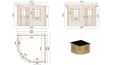 Abri de jardin en bois - 8m2 - 3x3m - Ep. 28mm - Couleur: naturel