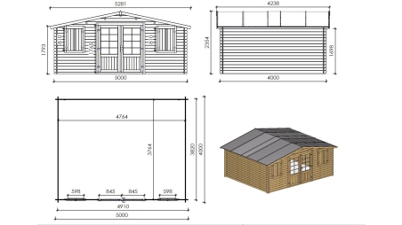 Abri de jardin en bois - 20m2 - 5x4m - Traité - Ep. 28mm - Couleur: marron