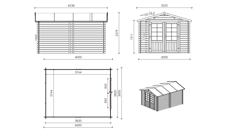 Abri de jardin en bois - 3x4 m + terrasse avec balustrade et avant-toit en bois - 21 m2