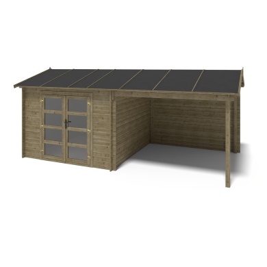 Abri de jardin en bois - 17.4m2 - 5.79x3m - Traité - Ep. 28mm - Couleur: vert 2