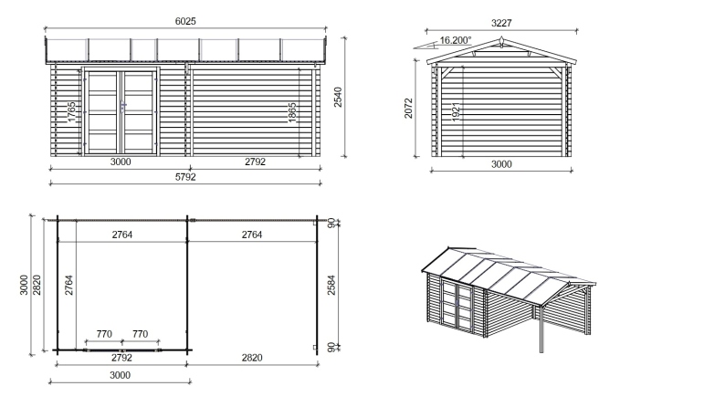 Abri de jardin en bois - 17.4m2 - 5.79x3m - Traité - Ep. 28mm - Couleur: vert