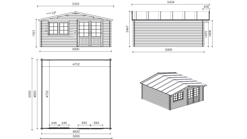 Abri de jardin en bois - 25m2 - 5x5m - Ep. 34mm - Couleur: naturel