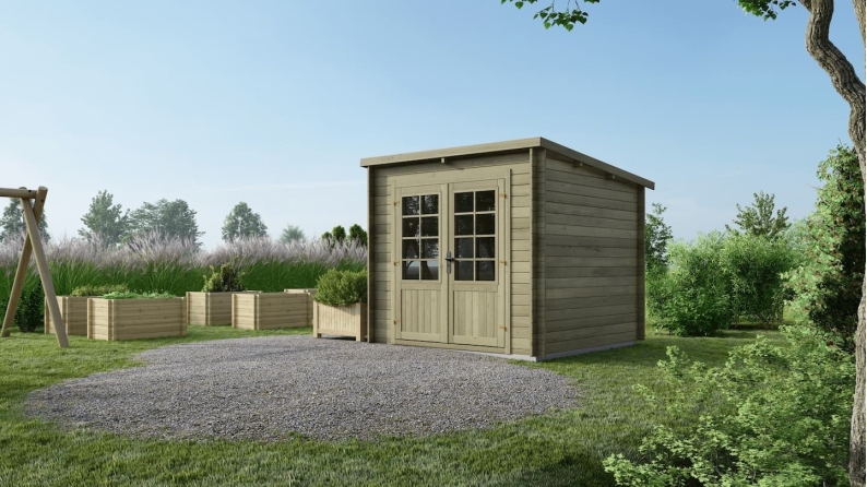 Abri de jardin en bois - 6.25m2 - 2.5x2.5m - Traité - Ep. 28mm - Couleur: vert