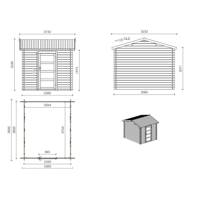 Abri de jardin en bois - 7.5m2 - 2.5x3m - Traité - Ep. 28mm - Couleur: marron 2