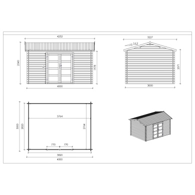 Abri de jardin en bois - 12m2 - 4x3m - Traité - Ep. 28mm - Couleur: marron 2
