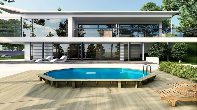 Piscine Sao Paulo 6.57 x 4.07 - H.1.2 m, bleu pâle, fixations à visser