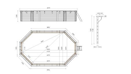 Piscine en bois 6.57x4.07 - H.1.2 m fixations à visser