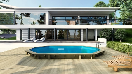 Piscine en bois 6.57x4.07 - H.1.2 m cadre en métal, sans dalle béton