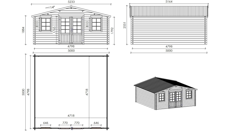 Abri de jardin en bois - 25m2 - 5x5m - Traité - Ep. 40mm - Couleur: vert