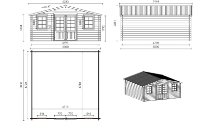 Abri de jardin en bois - 25m2 - 5x5m - Traité - Ep. 40mm - Couleur: vert
