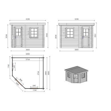 Abri de jardin en bois - 8m2 - 3x3m - Traité - Ep. 28mm - Couleur: marron 2