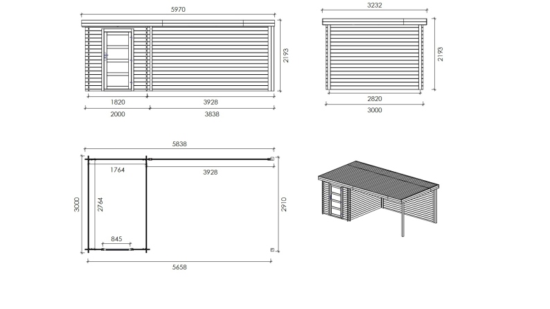 Abri de jardin en bois - 6m2 - 5.84x3m - Traité - Ep. 28mm - Couleur: gris