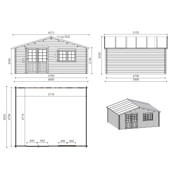 Abri de jardin en bois - 30m2 - 6x5m - Ep. 40mm - Couleur: naturel 2