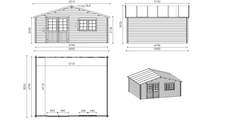 Abri de jardin en bois - 30m2 - 6x5m - Ep. 40mm - Couleur: naturel