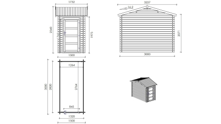 Abri de jardin en bois - 1.5x3 m avec extension de 1.5x2.76 m - 15.56 m² - Traité
