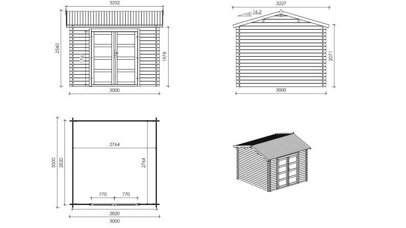 Abri de jardin en bois - 3x3 m avec extension de 3x2.76 m - 20 m² - Traité