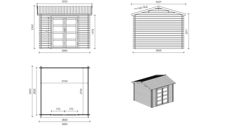 Abri de jardin en bois - 3x3 m avec extension de 3x2.76 m - 20 m² - Traité