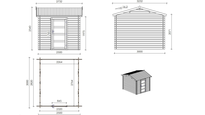 Abri de jardin en bois - 2.5x3 m avec extension de 2.5x2.76 m - 18.56 m² - Traité