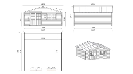 Abri de jardin en bois - 6x6 m + terrasse avec balustrade et avant-toit en bois - 48 m2