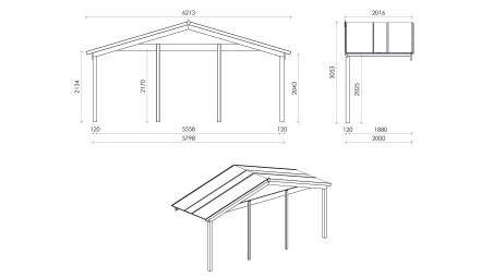 Abri de jardin en bois - 6x5 m + terrasse avec balustrade et avant-toit en bois - 42 m2