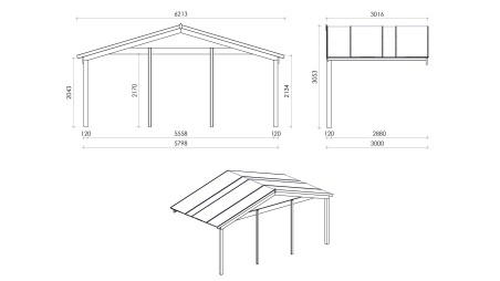 Abri de jardin en bois - 6x5 m + terrasse avec balustrade et avant-toit en bois - 48 m2