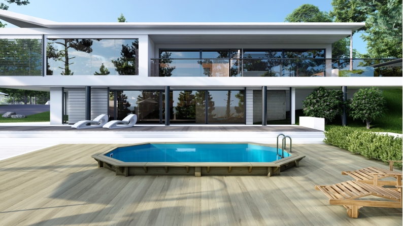 Piscine en bois Nemo 5.79x3.49 - H.1.45 m fixations à sceller