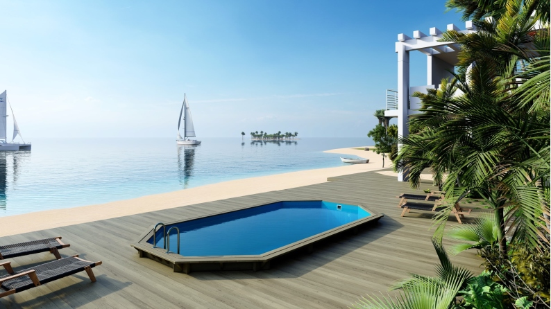 Piscine en bois Nemo 7.3x3.97 - H.1.45 m cadre en métal, sans dalle béton