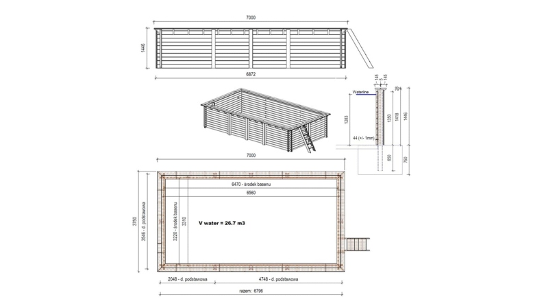Piscine en bois Aqua 7x3.75 - H.1.45 m fixations à visser