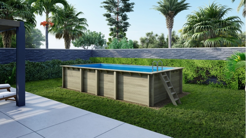 Piscine en bois Aqua 7x3.75 - H.1.45 m cadre en métal, sans dalle béton