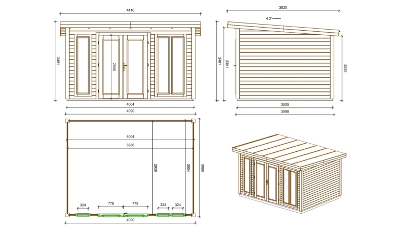 Abri de jardin en bois Kira 4,04x3,09m - 12m2 - Ep. 34mm
