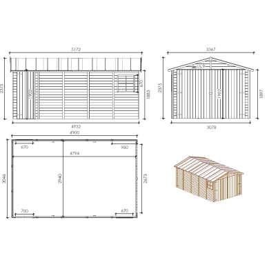 Garage en bois - 14.94m2 - 3.05x4.93m - Ep. 18mm - couleur: marron 2