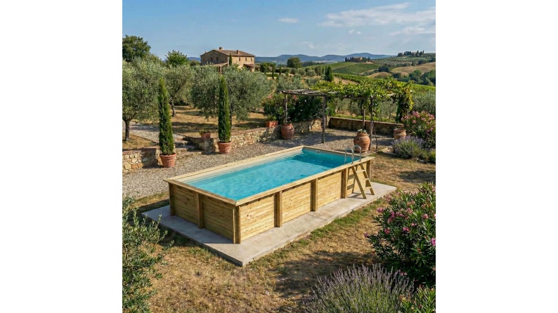 Piscine AQUA 8.5 x 4.35 - H.1.45 m, sable, fixations à visser