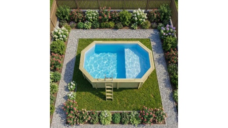 Piscine NEMO 5.79 x 3.49 - H.1.45 m avec plage, bleu pâle, fixations à visser