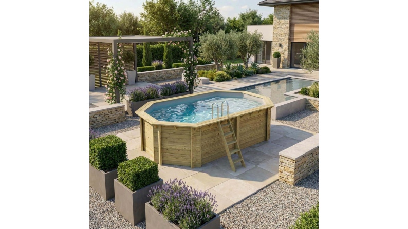 Piscine NEMO 5.79 x 3.49 - H.1.45 m avec plage, gris clair, fixations à sceller