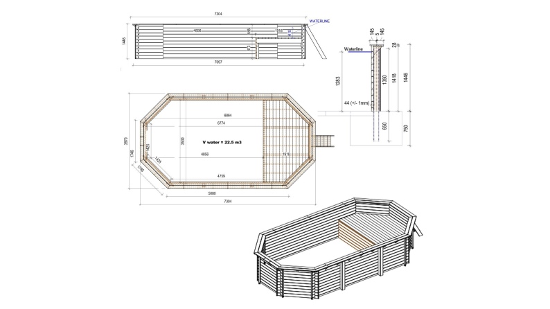 Piscine NEMO 7.3 x 3.97 - H.1.45 m avec plage, sable, fixations à sceller
