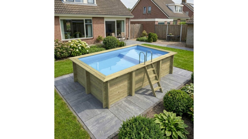Piscine AQUA 4.65 x 2.85 - H.1.24 m avec plage, bleu pâle, fixations à sceller
