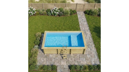 Piscine AQUA 6.1 x 2.85 - H.1.31 m avec plage, bleu pâle, fixations à sceller