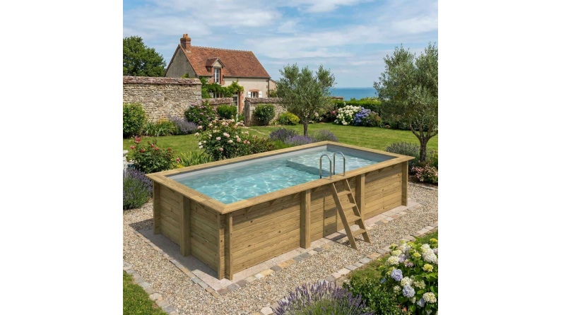 Piscine AQUA 6.1 x 2.85 - H.1.31 m avec plage, gris clair, fixations à sceller