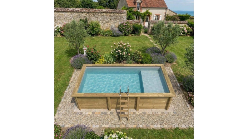 Piscine AQUA 6.1 x 2.85 - H.1.31 m avec plage, gris clair, fixations à sceller