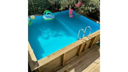Piscine AQUA 6.1 x 2.85 - H.1.31 m avec plage, bleu pâle, cadre en métal - sans dalle