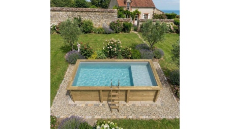 Piscine AQUA 6.1 x 2.85 - H.1.31 m avec plage, gris clair, cadre en métal - sans dalle