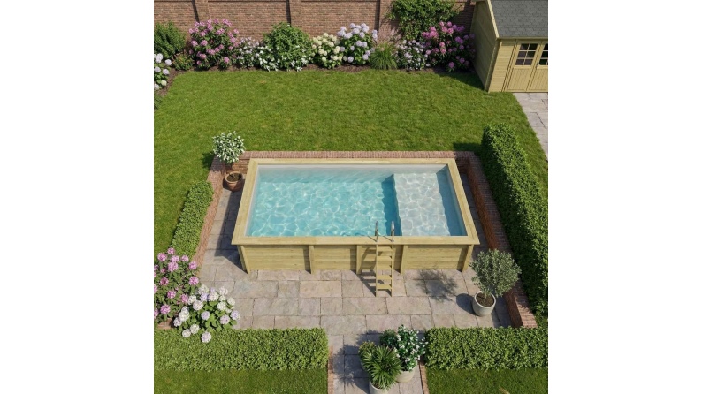 Piscine AQUA 7 x 3.75 - H.1.45 m avec plage, gris clair, fixations à sceller