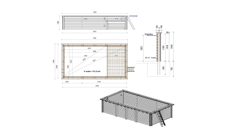 Piscine AQUA 7 x 3.75 - H.1.45 m avec plage, gris clair, fixations à sceller